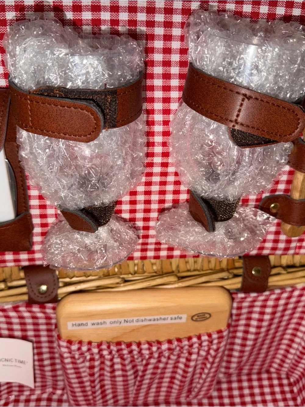 Classic Wicker Wine & Cheese Picnic Basket - Red Gingham Lining